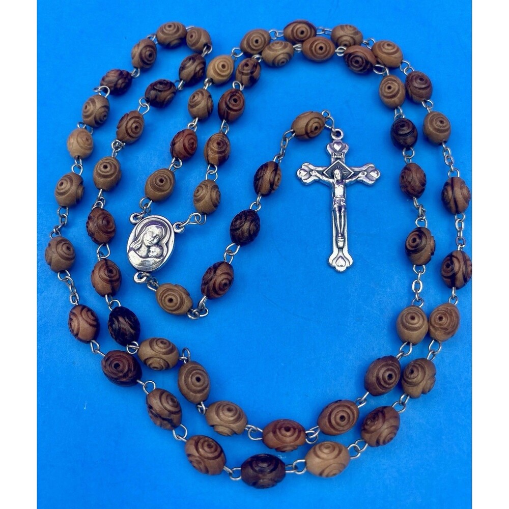 Carved Olive Wood Rosary, Terra Jerusalem Reliquary, Virgin Mary, Christianity
